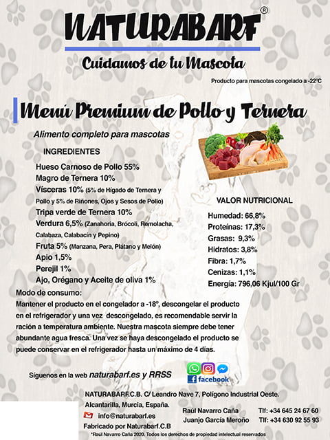 Menú Premium de Pollo y Ternera para Perros pequeños 7.2 kg NATURABARF medianos y Grandes
